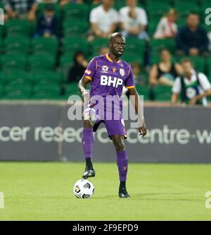 Perth, Western Australia. 18th April 2021; HBF Park, Perth, Western Australia, Australia; A League Football, Perth Glory versus Wellington Phoenix; Jason Geria of the Perth Glory controls the ball in defence Credit: Action Plus Sports Images/Alamy Live News Stock Photo