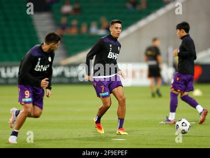 Perth, Western Australia. 18th April 2021; HBF Park, Perth, Western Australia, Australia; A League Football, Perth Glory versus Wellington Phoenix; Christopher Ikonomidis of the Perth Glory warms up before the match Credit: Action Plus Sports Images/Alamy Live News Stock Photo