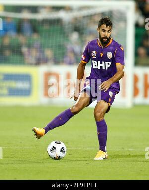 Perth, Western Australia. 18th April 2021; HBF Park, Perth, Western Australia, Australia; A League Football, Perth Glory versus Wellington Phoenix; Osama Malik of the Perth Glory traps the ball in the middle Credit: Action Plus Sports Images/Alamy Live News Stock Photo