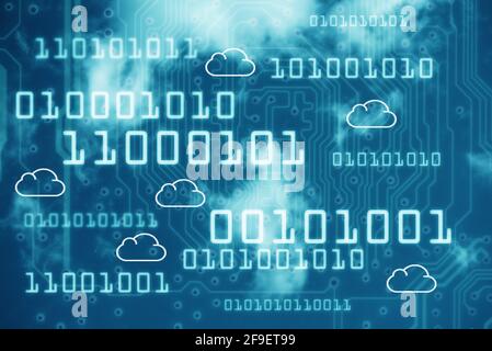 A cloud network technology background with binary codes and bokeh light ...