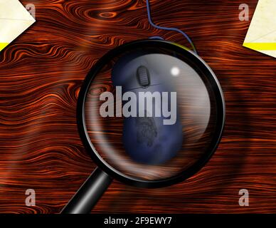 Online security. Magnifying glass and fingerprint on computer mouse. 3d rendering. Stock Photo