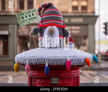 Red, postbox, post box, crocheted, Royal Mail, woolly hats, hand ...