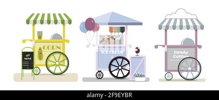 Set of vector food trucks with pizza, donuts and ice cream. Vector flat illustration of a fast food place on wheels with a striped awning and an Stock Vector