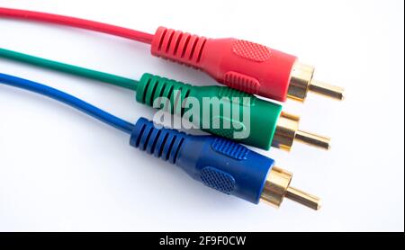 audio-video analog cable on white background, red ,green ,blue color concept image Stock Photo