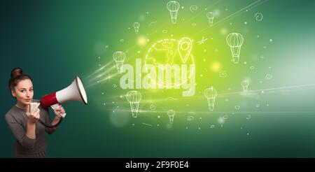 Young person with megaphone and healthy food icon Stock Photo