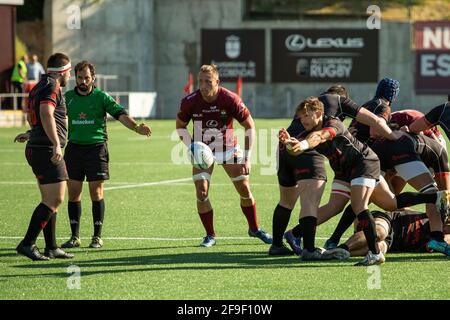 Alcobendas, Spain. 17th Apr, 2021. Alcobendas Rugby victory over Ampo Ordizia RE (21 - 14) in Liga de División de Honor regular season game (day 15) celebrated in Alcobendas, Spain at Las Terrazas on April 17, 2021. (Photo by Juan Carlos García Mate/Pacific Press/Sipa USA) Credit: Sipa USA/Alamy Live News Stock Photo