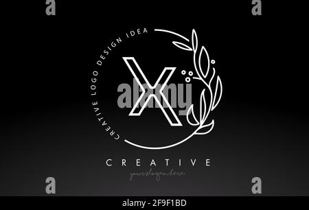 X Letter Logo with Floral Monogram Line Design and Circular Shape Vector. Elegant Leaf Botanical Design in Black and White Colors. Stock Vector
