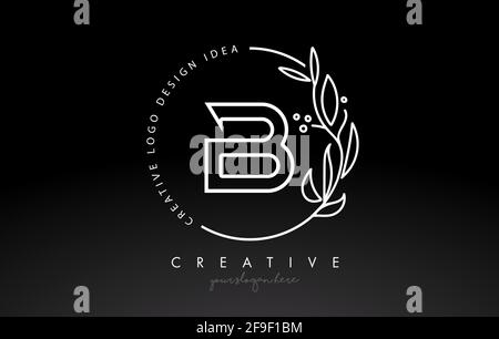 B Letter Logo with Floral Monogram Line Design and Circular Shape Vector. Elegant Leaf Botanical Design in Black and White Colors. Stock Vector