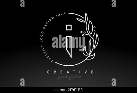 I Letter Logo with Floral Monogram Line Design and Circular Shape Vector. Elegant Leaf Botanical Design in Black and White Colors. Stock Vector