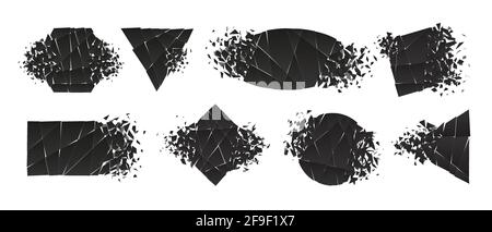 Shape shattered and explodes flat style design vector illustration set isolated on white background. Triangle, hexagon, ellipse, rectangle and rhombus Stock Vector