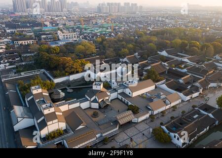 Aerial view of Suzhou Museum and the street in old city in Suzhou, China Stock Photo