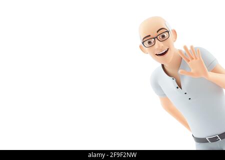 3d portrait senior man saying hello, illustration isolated on white background Stock Photo