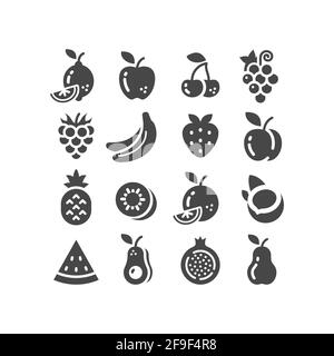 Fruits black vector icon set. Apple, lemon, banana, fruit icons. Stock Vector