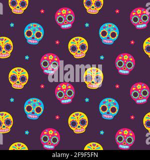 Mexican Day of the Dead sugar skulls seamless pattern. Cute and bright cartoon vector background. Stock Vector