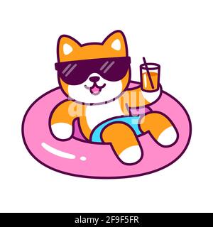 Funny cartoon dog in sunglasses on pool float holding drink glass. Cute Shiba Inu character on summer pool party. Vector clip art illustration. Stock Vector