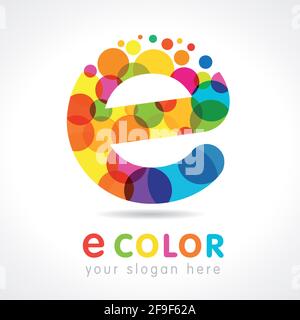 Letter E logotype concept. Isolated colour emblem. Stained glass colores graphic template. Clouds and bubbles multicolored bunch. Corporate branding i Stock Vector