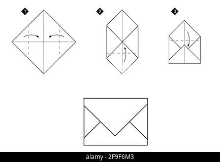 How to make a origami envelope vector illustration. Monochrome black line step by step DIY instruction. Stock Vector