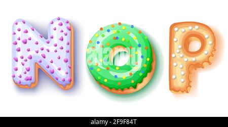 Donut icing upper latters - nop Font of donuts. Bakery sweet alphabet. Donut alphabet latter nop isolated on white background, vector illustration Stock Vector