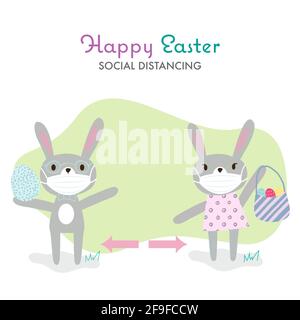 Easter rabbits in protective face mask. Easter celebration during the coronavirus pandemic. Social Distancing Quarantine. Social Distancing keeping Stock Vector