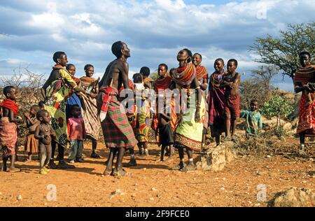 The Turkana are a Nilotic people native to the Turkana County in northwest Kenya, a semi-arid climate region bordering Lake Turkana in the east, Pokot Stock Photo