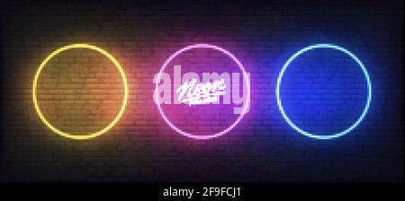 Frames neon set. Set of colorful glowing circle border templates Stock Vector