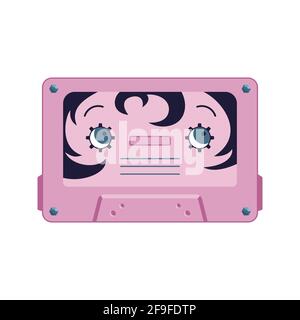 Cute pink cassette tape woman character. Old music player vector illustration. Retro cassette cartoon illustration isolated on white background. Flat style for logo, web, stickers, prints, infographic Stock Vector