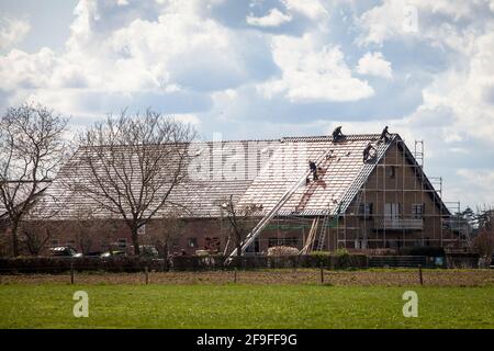 roofers tiling the roof of a house near Isselburg, North Rhine-Westphalia, Germany.  Dachdecker decken das Dach eines Hauses bei Isselburg, Nordrhein- Stock Photo
