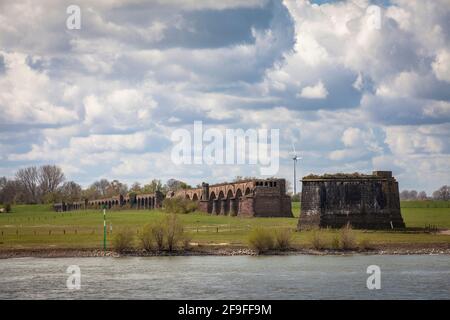 remains of the old railway bridge over the Rhine in Wesel, it was destroyed by the German Armed Forces on March 10, 1945, North Rhine-Westphalia, Germ Stock Photo