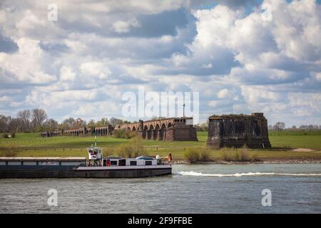 remains of the old railway bridge over the Rhine in Wesel, it was destroyed by the German Armed Forces on March 10, 1945, North Rhine-Westphalia, Germ Stock Photo