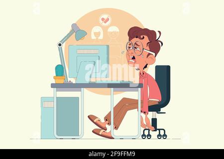 the guy at the computer. the denial of love. unrequited love on the Internet. the programmer at the computer is a loser. Stock Vector