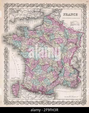 Beautiful vintage hand drawn Colton's map of France from 1860 with beautiful colorful maps and illustrations of countries, regions and oceans. Stock Photo