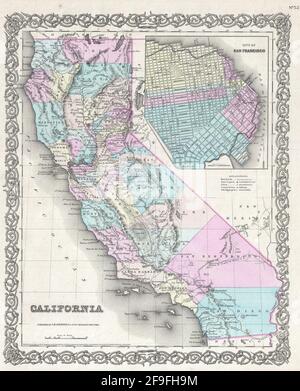 Beautiful vintage hand drawn Colton's map of California from 1860 with beautiful colorful maps and illustrations of countries, regions and oceans. Stock Photo