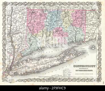 Beautiful vintage hand drawn Colton's map of Connecticut from 1860 with beautiful colorful maps and illustrations of countries, regions and oceans. Stock Photo