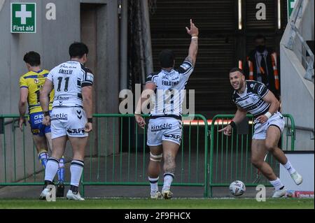 Kingston Upon Hull, England - 18th April 2021 - Carlos Tuimavave (3) of Hull FC celebrates try during the Rugby League Betfred Super League Round 3 Hull FC vs Warrington Wolves at KCOM Stadium, Kingston Upon Hull, UK  Dean Williams/Alamy Live News Stock Photo