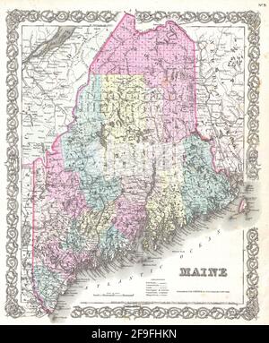 Beautiful vintage hand drawn Colton's map of Maine from 1860 with beautiful colorful maps and illustrations of countries, regions and oceans. Stock Photo