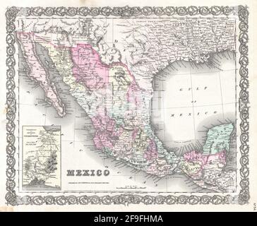 Beautiful vintage hand drawn Colton's map of Mexico from 1860 with beautiful colorful maps and illustrations of countries, regions and oceans. Stock Photo