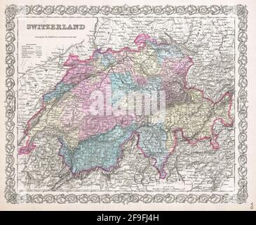 Beautiful vintage hand drawn Colton's map of Switzerland from 1860 with beautiful colorful maps and illustrations of countries, regions and oceans. Stock Photo