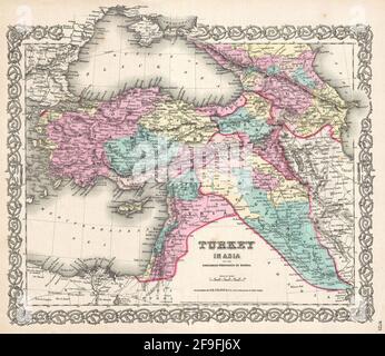 Beautiful vintage hand drawn Colton's map of Turkey from 1860 with beautiful colorful maps and illustrations of countries, regions and oceans. Stock Photo