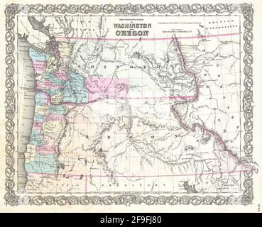 Beautiful vintage hand drawn Colton's map of Oregon from 1860 with beautiful colorful maps and illustrations of countries, regions and oceans. Stock Photo