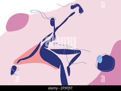 The Dancing Blue Woman. Minimal figure draw in blue. Minimal abstract design art with pastel colors in boho and matisse style. For print. Stock Photo