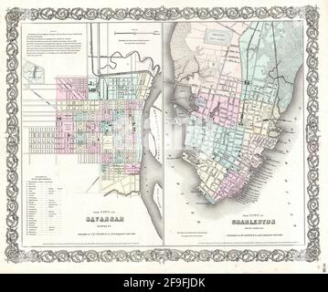 Beautiful vintage hand drawn Colton's map of Savannah from 1860 with beautiful colorful maps and illustrations of countries, regions and oceans. Stock Photo