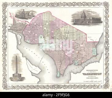 Beautiful vintage hand drawn Colton's map of Washington from 1860 with beautiful colorful maps and illustrations of countries, regions and oceans. Stock Photo