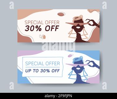 Vector social media horizontal banner, promo sale concept, different colors. Modern design with woman with glasses in cut out and boho style. Stock Vector