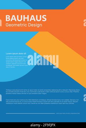 Bauhaus and Mondrian design background with colorful shapes and pattern. Abstract vector template in 20s retro vibe and modern style with text. Stock Vector