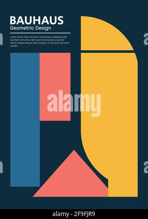 Bauhaus and Mondrian design background with colorful shapes and pattern. Abstract vector template in 20s retro vibe and modern style with text. Stock Vector
