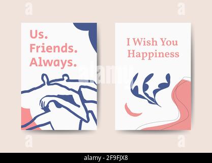 Greeting cards set template design, red and blue colors with lettering. Modern, trendy artwork in line art and matisse style. Stock Vector