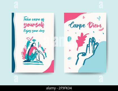 2 greeting cards, vector set template design, pastel colors with lettering. Modern, trendy abstract art with sitting people and hand in landscape. Stock Vector