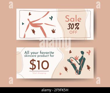 Vector social media horizontal banner, promo sale concept, earth tones with lettering. Modern design with people and flowers cut out and boho style. Stock Vector