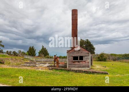 Old mining factory in the ghost town of Waiuta, South Island of New Zealand Stock Photo