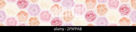 Flower hexagon seamless pattern. Pink rose, peony stroke background. Vector illustration. Stock Vector